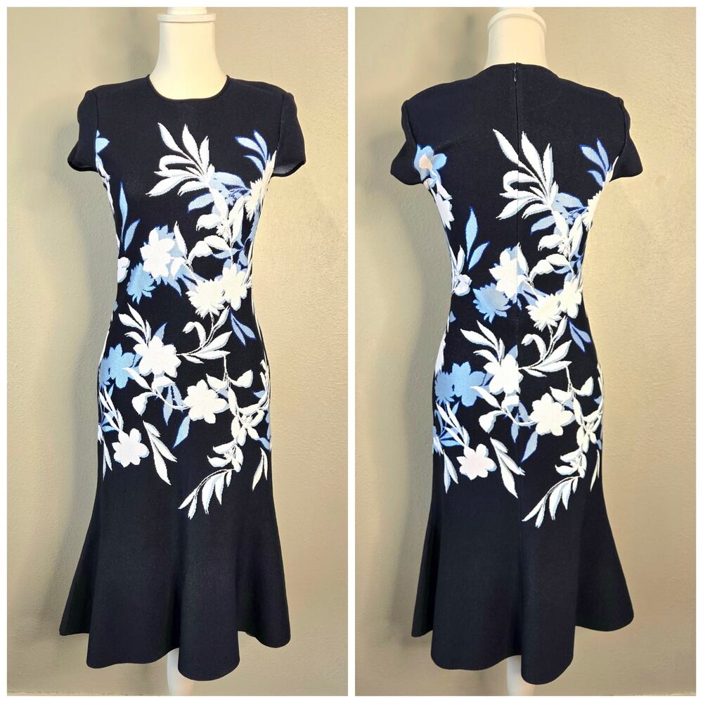 Elegant Classy St. John Shadow Knit Floral Jacquard Dress 2 Navy Flounce Upscale